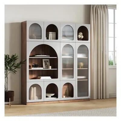 1800mm x 800mm Modern Arch Bookcase in Walnut & Grey 5-Tier Bookshelf with Doors Set of 2 & Rich