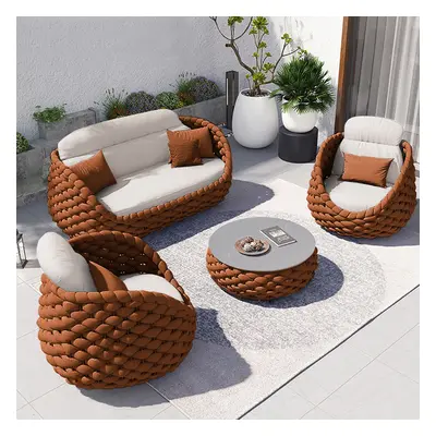 Tatta 4 Pieces Woven Rope Outdoor Sofa Set Faux Marble Top Coffee Table in Brown & White