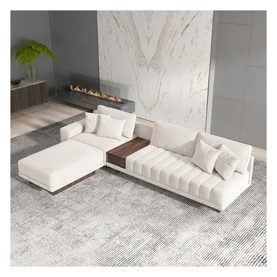 126" L-Shaped White Modular Sectional Sofa Channel Tufted Chaise with Ottoman & Storage