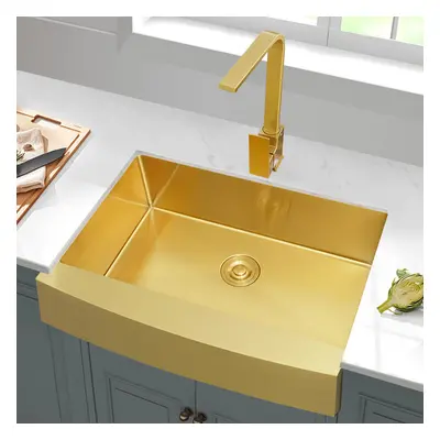 755mm Stainless Steel Farmhouse Apron-Front Kitchen Sink with Single Bowl in Gold