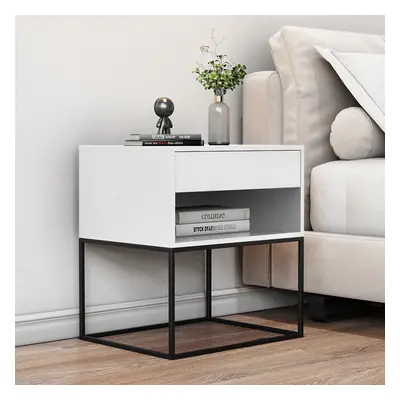 White Lacquer Bedside Table with 2 Drawers with Stainless Steel Frame