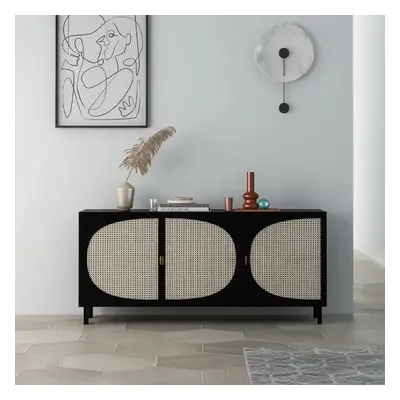 1600mm Japandi Rectangular Black Rattan Sideboard Buffet 3 Doors Storage Cabinet Plywood