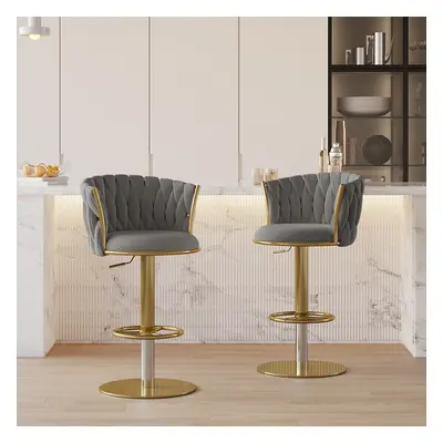 Sweave Set of 2 Grey Swivel Bar Stools Velvet Curved Back Adjustable Height