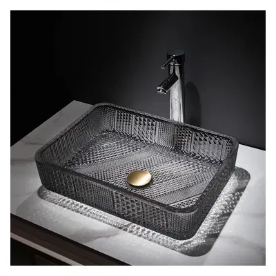 Modern Glass Rectangle Bathroom Countertop Basin Wash Basin with Drain in Black