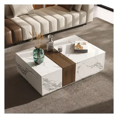 Vewal 1200mm Marble & Walnut Veneer Block Coffee Table with 2 Drawers