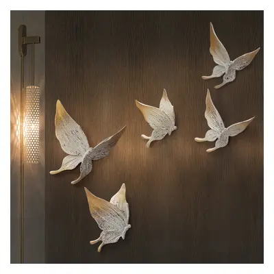 5 Pieces Farmhouse 3D White & Gold Resin Butterfly Wall Decor Set Living Room Bedroom