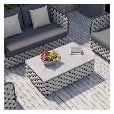 Martic Modern Aluminium & Rope & Faux Marble Top Outdoor Patio Coffee Table in Grey