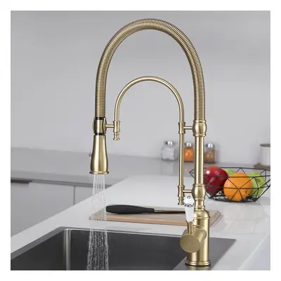 Brushed Gold High Arc Dual-Mode Pull-Down Kitchen Tap Solid Brass with Porcelain Control