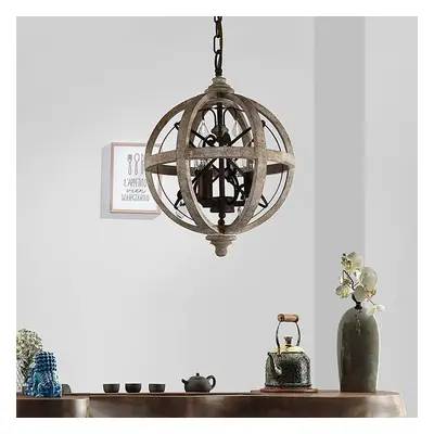 Retro Rustic Weathered Wooden Globe Metal Orb Crystal 3-Light Chandelier Small