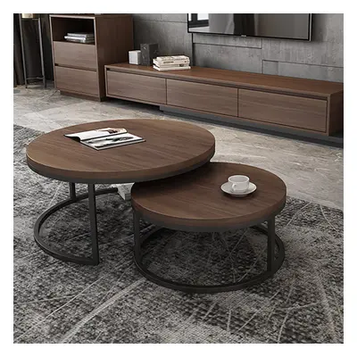 Fero 2 Pieces Modern Walnut & Black Round Nesting Coffee Table for Living Room