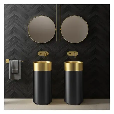 Gold & Black Modern Luxury Round Stainless Steel Basin Pedestal Basin Freestanding