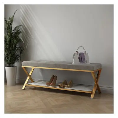 Grey Hallway Bench with Storage Bed Bench Velvet Upholstered with X-Shaped Base