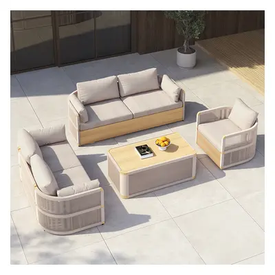 4 PCS Modern Aluminum & Rope Outdoor Swivel Sofa Set with Coffee Table in Khaki for 6 People, Mo