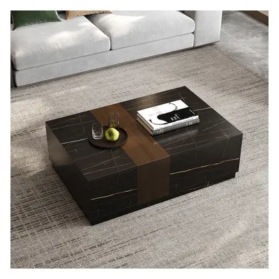 47.2" Vewal Wood Block Coffee Table Marble & Walnut Veneer in Black with 2 Drawers