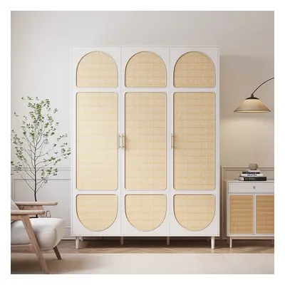 Rattan White 3 Door Bedroom Clothing Armoire Wardrobe with Shelves