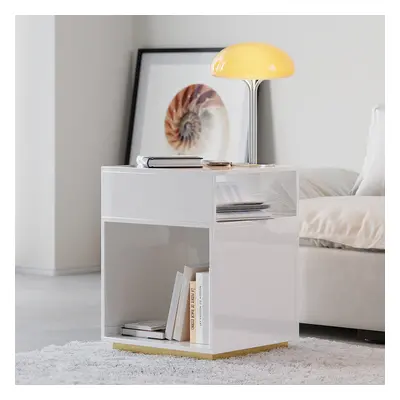 Modern White Side Table with Open Storage End Table with Charging Station Nightstand