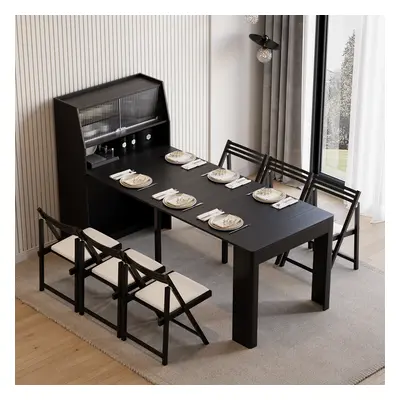 70.9" Extendable Dining Table with Storage Rectangle Sideboard Glass Door Seats 4-6 Modern Black