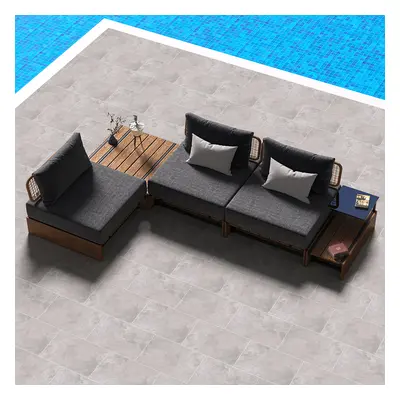 5Pcs Teak Outdoor Sectional Sofa Set with Coffee Table and Cushion in Natural & Grey