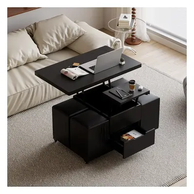 Modern Black Lift Top Coffee Table 4 in 1 with Storage Ottoman Foldable and Casters Transforming