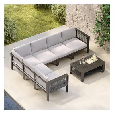 7 Pieces L Shape Patio Outdoor Sectional Sofa Set with Coffee Table in Light Gray for 6