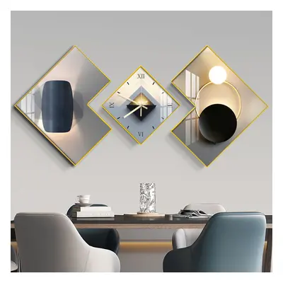 3Pcs Modern Geometric Wall Clock Decor Set Canvas Painting Wall Clocks with Gold Frame