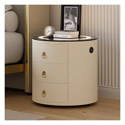 Round PU Leather Nightstand with Wireless Charging & Speakers & USB Port Modern Off-White Bedsid