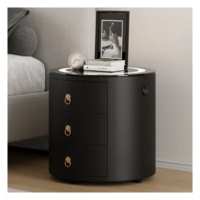 Modern Black Round Nightstand with Light & Wireless Charging & Speakers & USB Port