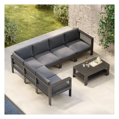 7 Pieces Modern L Shape Patio Outdoor Sectional Sofa Set with Coffee Table in Gray for 6