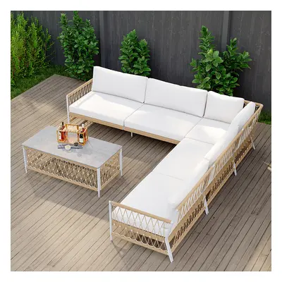 Ropipe 4 Pieces L Shape Woven Rope Outdoor Sectional Sofa Set in Khaki & White For 5