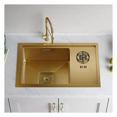 Drop-in Kitchen Sink With High-pressure Cup Rinser Glass Washer Stainless Steel Gold