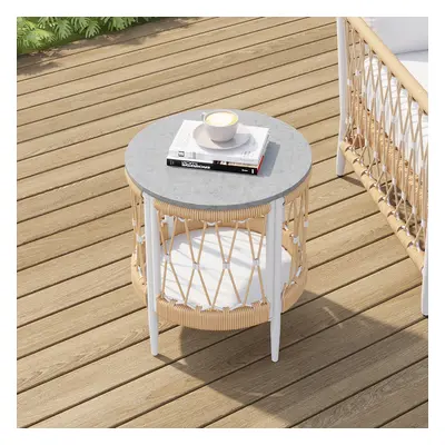 Ropipe 470mm Round Outdoor Side Table with Storage Patio Weave Rope End Table in Khaki