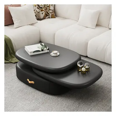 3-Tiered Modern Oval Black Pebbles Rotating Coffee Table with Storage