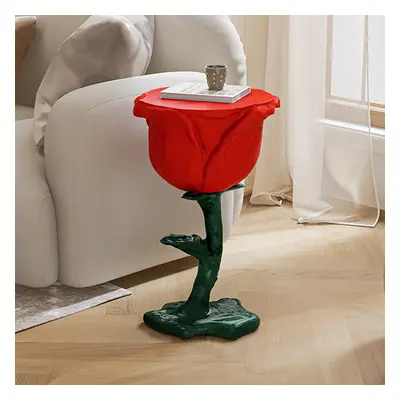 Modern Small End Table Red Resin Rose Sculpture Cute Pedestal Side Table with Tray