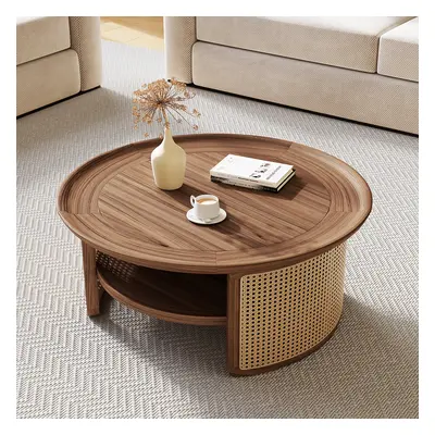 2-Tiered Japandi Round Walnut Wood Coffee Table with Storage Rattan Base