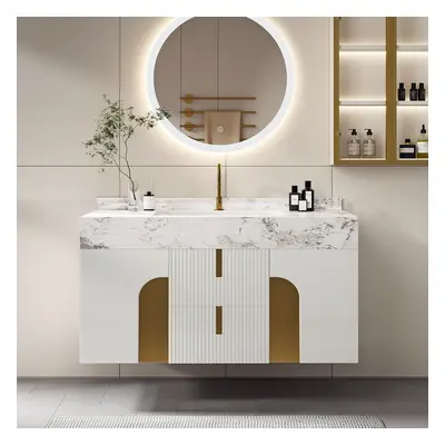 36" Bathroom Vanity Cultured Marble Wall Mounted with Ceramic Single Sink Modern Style Beige