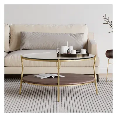 Glass Top Double-Layered Coffee Table with Metal Frame and Wood Layer