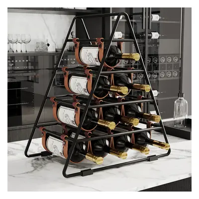 Industrial Black Wine Rack Countertop Faux Leather Triangle 10 Bottles Wine Holder Metal