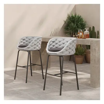 2 Pieces Outdoor Chair Patio Woven Rope & Aluminum 960mm Bar Stools Set with Backs