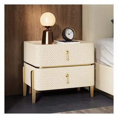 Modern White Smart Nightstand PU Leather 2 Drawer Bedside Table with Gold Legs