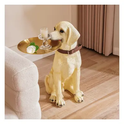 Modern Beige Resin Dog Sculpture Cute End Side Table with Stainless Steel Storage Tray