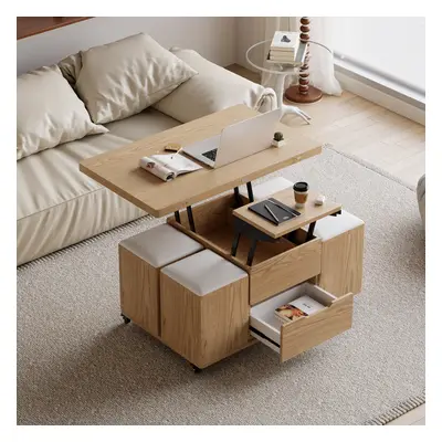 Modern Natural Lift Top Coffee Table 4 in 1 with Storage Ottoman Foldable and Casters