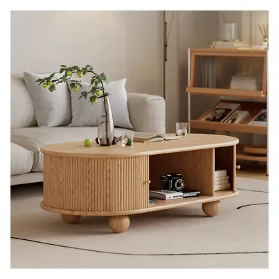 1100mm Modern Oval Natural Solid Wood Fluted Coffee Table with Storage