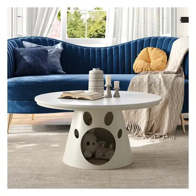 Modern Round Stone Top Coffee Table with Cat House Off-white Tabletop