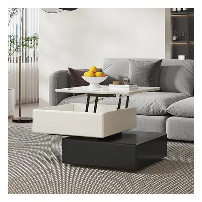 Modern Black & Khaki Lift Top Small Square Sintered Stone Rotating Coffee Table with Storage