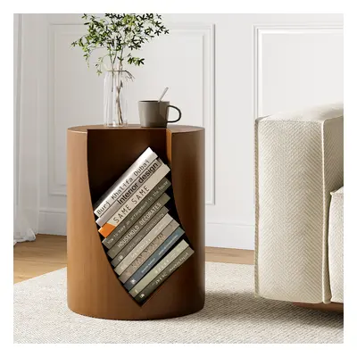 Modern Small Walnut Side Table with Open Storage Round End Table Bedside Table