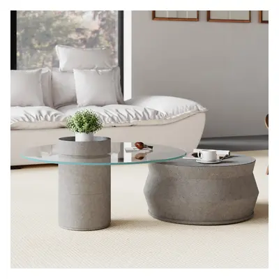 Set of 2 Round Nesting Coffee Table Set Glass Modern Concrete Gray Drum Coffee Table