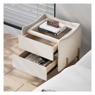 Modern White 2 Drawer Leather Nightstand Bedside Table with Glass Top