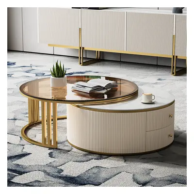 Grovyn Modern Nesting Sintered Stone Top Off-White Round Glass Coffee Table Storage