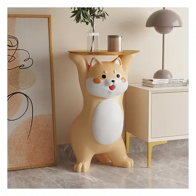 Modern Dog Shiba Inu Side Table Floor Resin Figurine with Gold Tray End Table