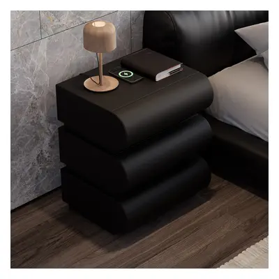 Modern Black Leather Smart Nightstand with Wireless Charger 3 Drawers Bedside Table with USB & T